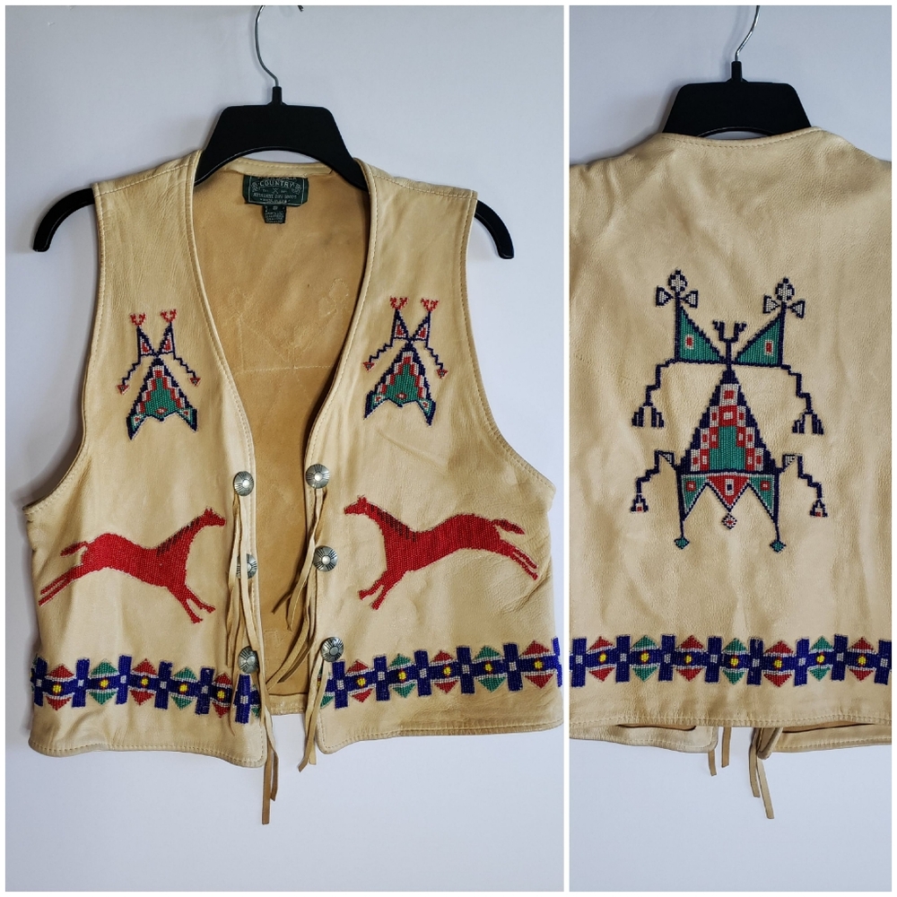 Ralph Lauren Country Polo Unisex Leather Vest Native American USA made 80s Vtg